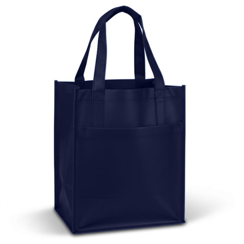 A navy blue pocket shopping bag with sturdy handles and a front pocket, featuring a logo.