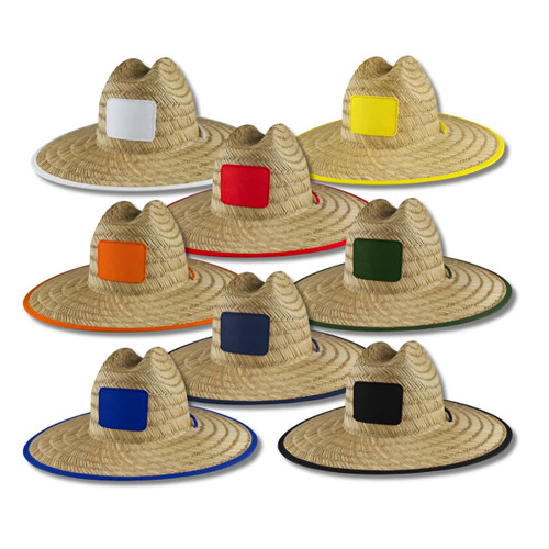 A collection of straw beach hats in various colours, each with a square area for branding.