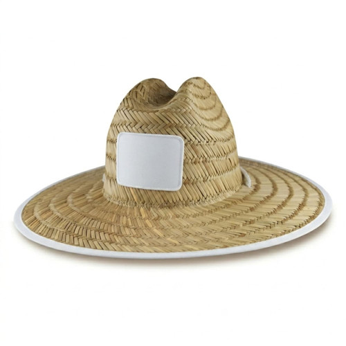 A straw beach hat with a wide brim, featuring a white logo area on the front. Natural straw colour with a white trim.