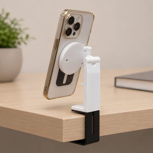 A white and black mobile phone stand holds a phone, attached to a wooden desk. A small plant and a book are in the background.
