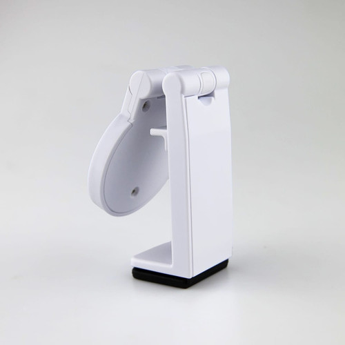 A white mobile phone stand with a foldable design and a black base. It features a simple, modern look.