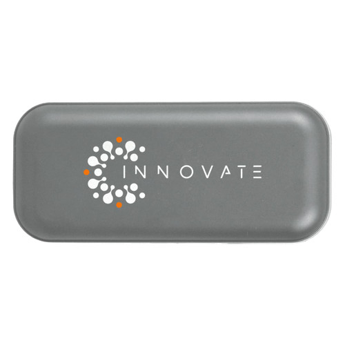 A grey rectangular case with a logo on the front, designed to hold multiple tools.