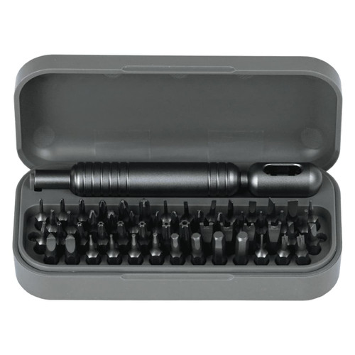 A black 55 in 1 pocket screwdriver tool set with assorted bits in a grey case.