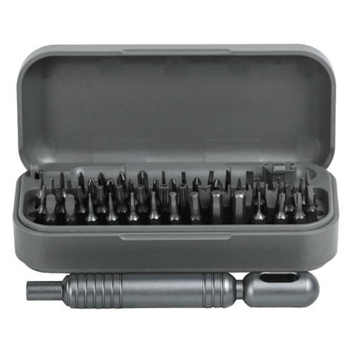 A grey 55 in 1 pocket screwdriver tool set with various screwdriver bits inside a matching case.