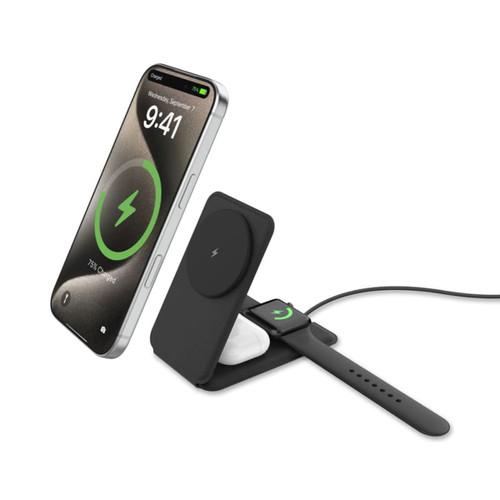 A black foldable 3-in-1 magnetic wireless charger with a phone, earbuds, and a smartwatch on it. It features a logo.