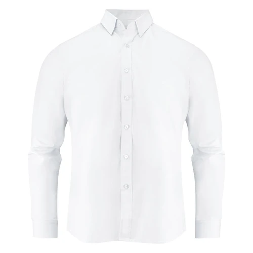 A white long-sleeve shirt with a button-up front and a classic collar, featuring a logo on the chest.