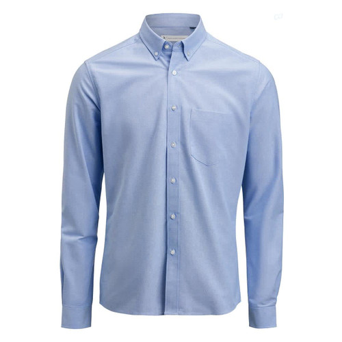 A light blue men's Oxford shirt with a button-down collar and a chest pocket, featuring a logo.