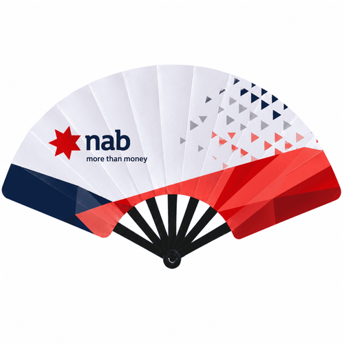 A plastic hand fan in red, white, and blue featuring a logo on one side. Its design includes geometric patterns.