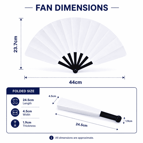 A white plastic hand fan with a black handle, displayed with dimensions for length, width, and thickness.