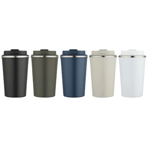 A drink bottle collection featuring five double wall vacuum tumblers in black, olive green, navy, beige, and white, each with a lid.