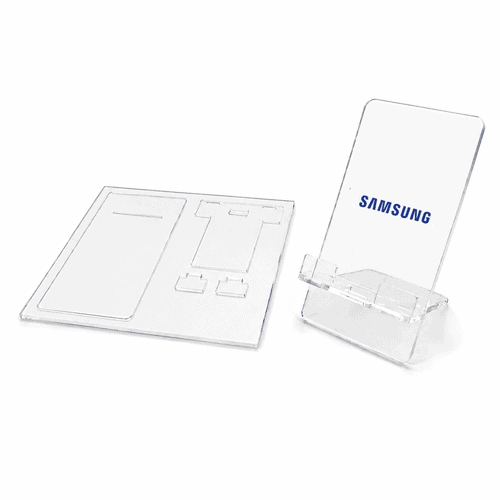 A clear acrylic phone stand kit with a rectangular base and an upright holder. Includes a branding logo.