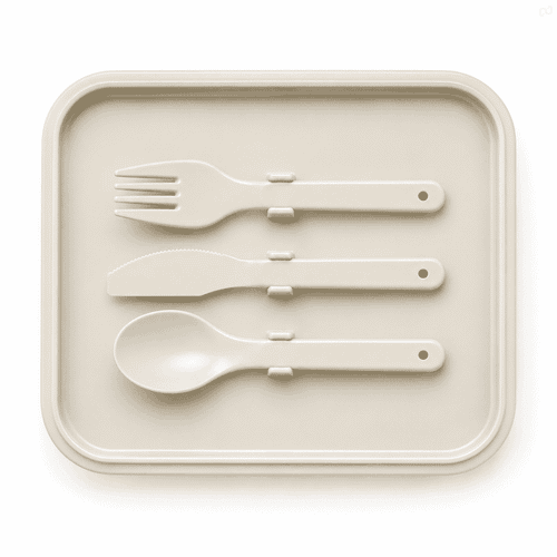 A beige tray featuring a fork, knife, and spoon, all with a sleek, modern design. The tray has a subtle logo.
