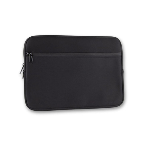 A black neoprene laptop sleeve with a zippered pocket. The sleeve fits a 14-inch laptop and features a logo.