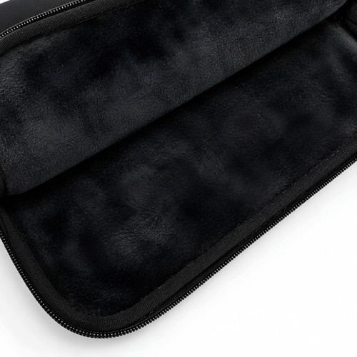 A black neoprene laptop sleeve with a soft interior lining. The zipper is visible along the edge.