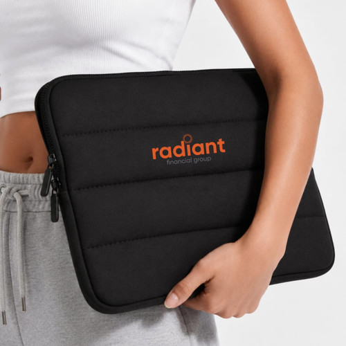 A black neoprene laptop sleeve with a padded design, featuring an a logo on the front. Suitable for a 14-inch laptop.