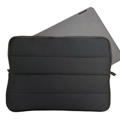 A black neoprene laptop sleeve with a textured design, featuring a zipper and a laptop partially inserted.