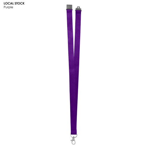 A purple polyester lanyard, 20mm wide, with a metal clip and branding. Ideal for events and exhibitions.