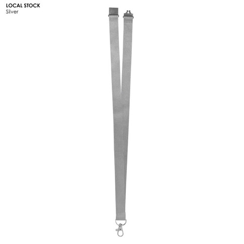 A silver polyester lanyard, 20mm wide, featuring a clip for attachments and a branding logo.