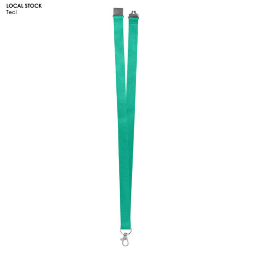 Teal polyester lanyard, 20mm wide, featuring a clip attachment and a logo. Ideal for events and exhibitions.