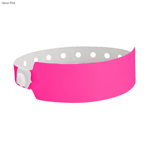 A neon pink vinyl wristband with a white inner lining and circular cutouts, featuring a fastening mechanism.