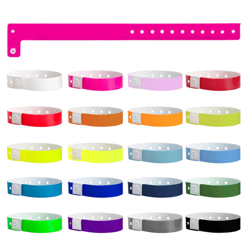 A collection of 16mm vinyl wristbands in various colours, with one pink band displayed at the top. Each band features a fastening.