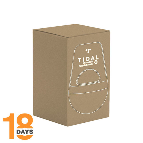 A cardboard box featuring a wireless speaker design in black, made from recycled ABS, with a logo.