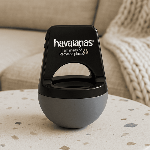 A wireless speaker in black and grey made from recycled plastic, featuring a logo on the front.