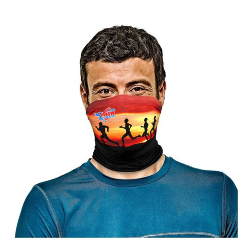 A custom neck gaiter featuring a sunset design with silhouettes of runners, displayed on a person. It has a logo.