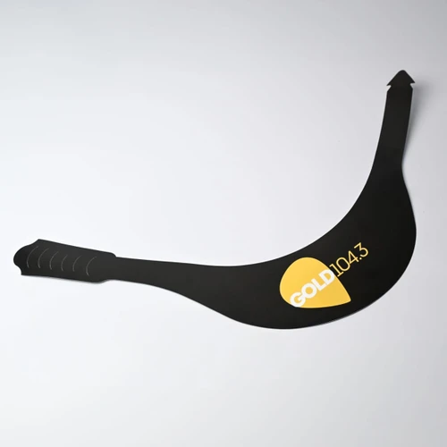 A black sun visor featuring a logo, designed to shield from sunlight.