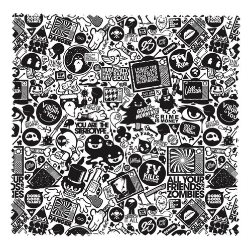 A medium microfibre cloth featuring a bold black and white comic-style design with various illustrations and patterns.