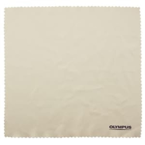 A large beige microfibre cleaning cloth with a scalloped edge and a logo in one corner.