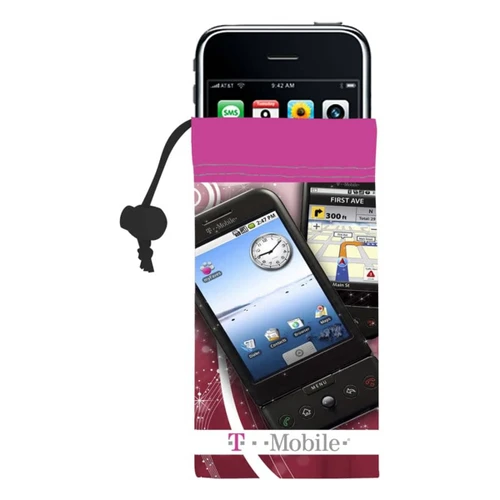 A pink microfibre pouch for mobile phones and cameras, featuring images of smartphones and a logo.