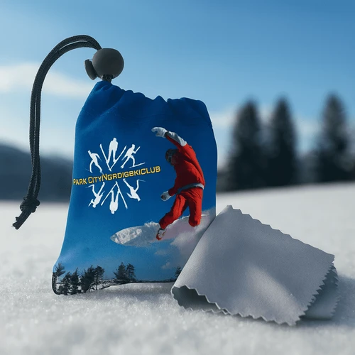 A blue microfibre pouch with a skiing graphic, containing a grey cleaning cloth. The pouch has a logo on it.
