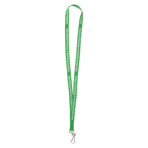 A green 10mm custom lanyard featuring a brand logo, equipped with a metal clip for attachment.