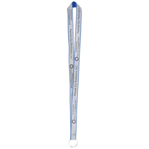 A blue and glittery custom lanyard featuring a logo and text design.