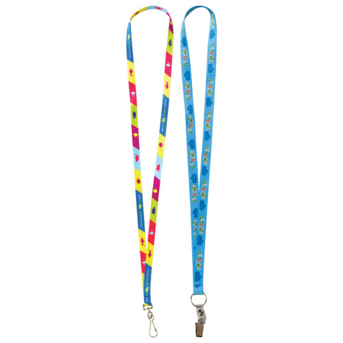 Brightly coloured 19mm custom lanyards featuring a playful design and a metal clip for attachment.