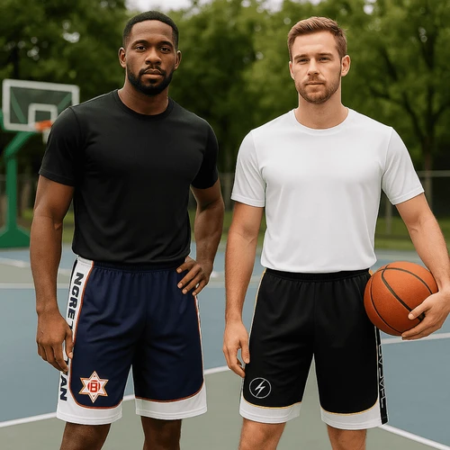 Two men wearing basketball shorts; one in navy with a logo and the other in black, both paired with sporty tops.