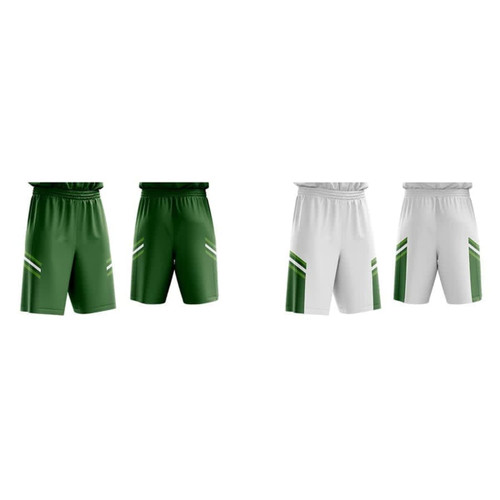 Reversible shorts featuring green and white colours with contrasting stripes and an associated logo.