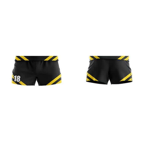 Black sports shorts with yellow diagonal stripes, featuring a number on one side and a logo.