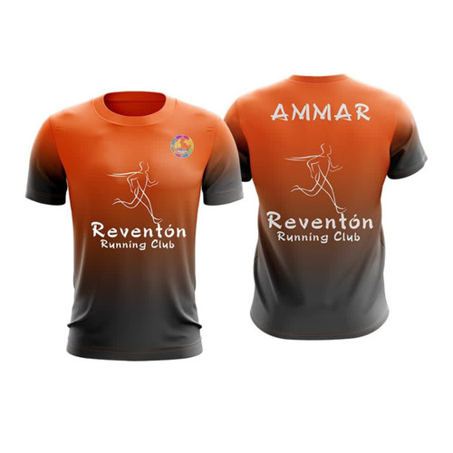 A sports training top featuring an orange and black gradient design, with a logo and text on both sides.