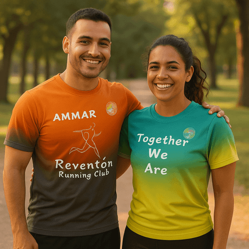 A man and woman wearing vibrant sports jerseys, one in orange and grey, the other in green and yellow, both featuring logos.