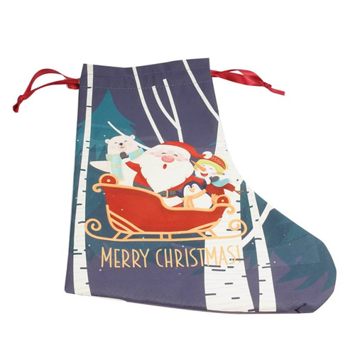 A festive red and blue Santa sock gift tote with a winter scene featuring Santa, a polar bear, and a penguin.