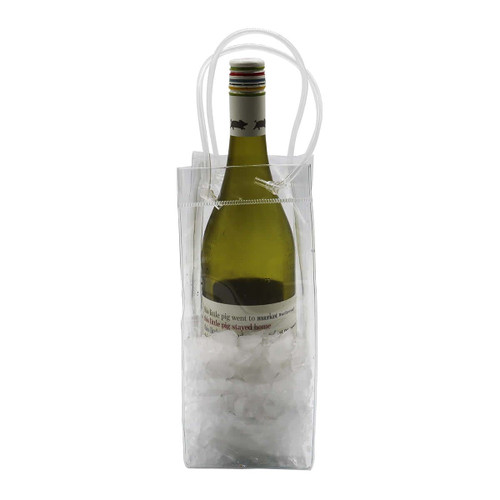 A transparent cooler bag containing a wine bottle and ice, with a white handle and a branding logo.