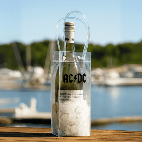 A clear cooler bag with a drink bottle, filled with ice, featuring a logo and sturdy handles.