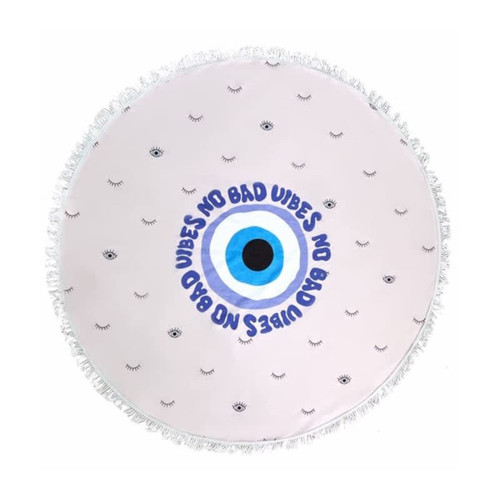 A round beach towel featuring a light background with eye patterns and fringe edges, and decorative text design.