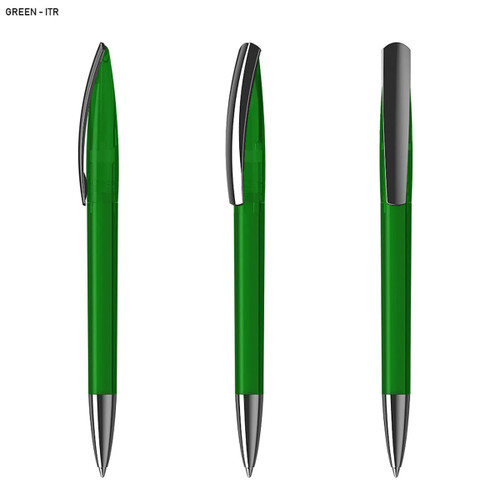 A set of green plastic pens with silver accents, featuring a sleek design and a clip for easy attachment.