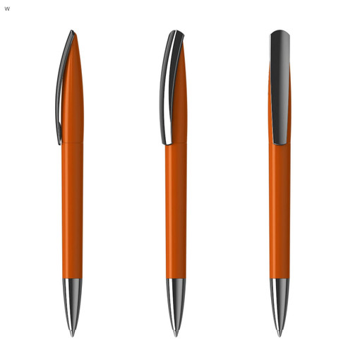 An orange plastic pen with a chrome clip, shown from multiple angles. It features a smooth, sleek design.