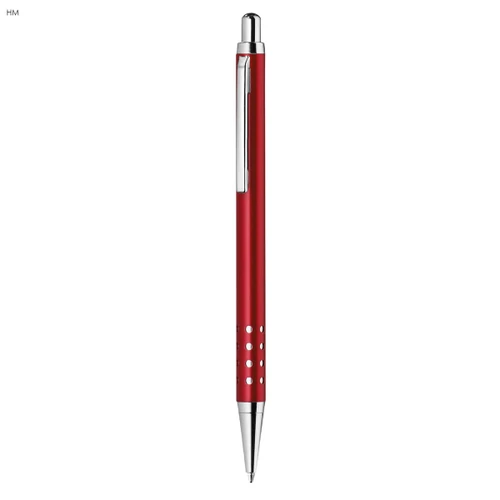 A red metal pen with a sleek design and silver accents, featuring a clip and dotted grip.