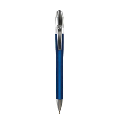 A blue metal pen with a silver clip and tip, featuring a logo on the body.
