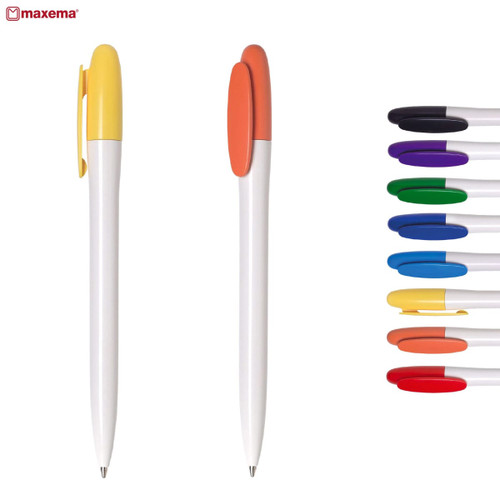 A selection of plastic pens in various colours, featuring yellow and orange tips, with a white body and a logo.
